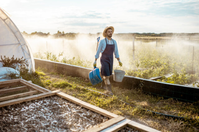 Farmer watering crops